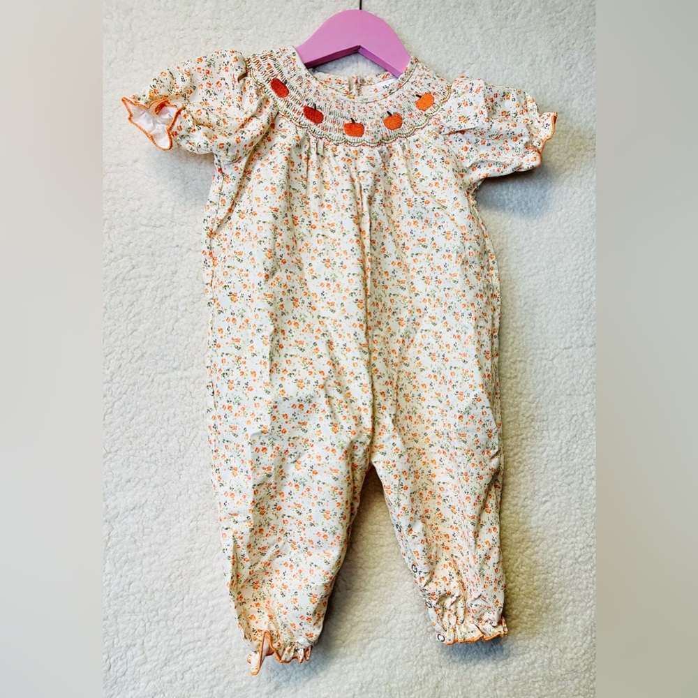 FLORAL PRINT SMOCKED BABY ROMPER WITH PUMPKIN EMBROIDERY SIZE 12-18 MONTH